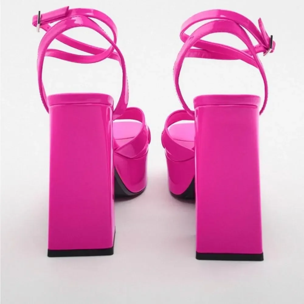 ZARA NEON BARBIE PINK PATENT STRAPPY CHUNKY PLATFORM HEEL SANDALS SIZE 9